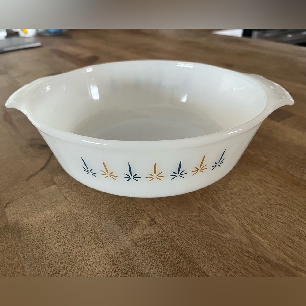 Vintage Anchor Hocking White Casserole Dish with Blue and Gold Pattern